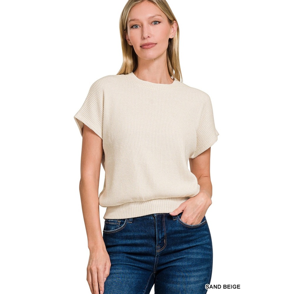 299-M Zenana Waffle Knit Sweater Top Women Sand Beige Short Sleeve Relaxed